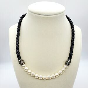 Black Faux Leather Woven Rope Imitation Pearl Closure Choker Necklace Unbranded